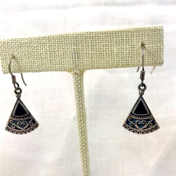 Vintage 925 Silver & Onyx Fan Shape Drop Earrings - Picture 2 of 7